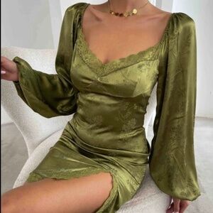 Shein Jacquard Lantern Sleeve Lace Trim Satin Dress Split Hem Mini Dress Green M